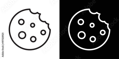 Cookie icon designed in black stroke and white stroke styles, isolated. Perfect for dessert, snack, bakery, and sweet treat concepts.