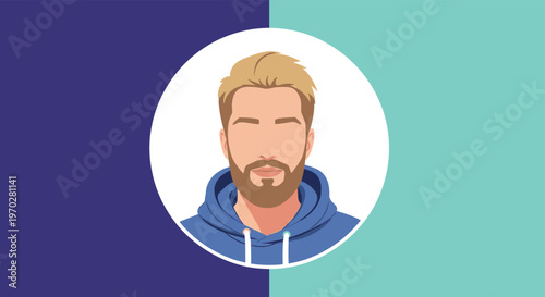 Modern avatar portrait of a young man with blonde hair and a beard wearing a blue hoodie against a colorful geometric background.