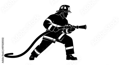 Firefighter silhouette holding a hose, ready to extinguish a fire, on a white background.