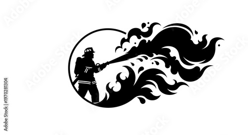 Firefighter silhouette extinguishing a large fire with water hose.