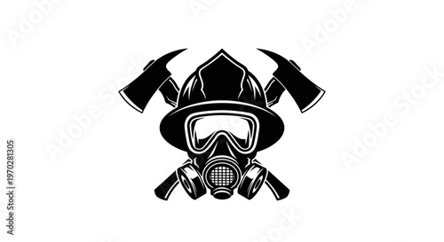 Firefighter helmet gas mask and crossed axes emblem design.