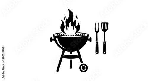 Barbecue grill with flames and cooking utensils.