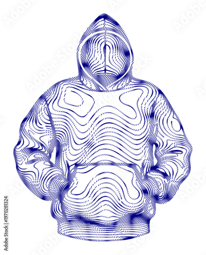 Abstract blue hoodie, topographic line art sweatshirt, streetwear apparel