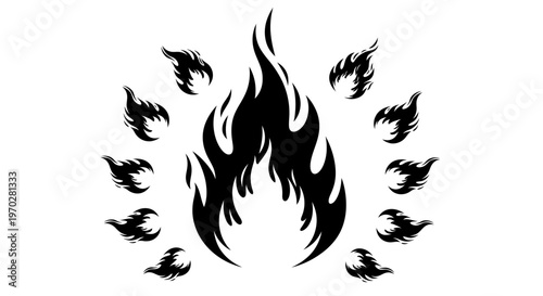 Black and white fire flames vector illustration set.