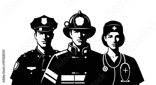 First responders - police officer, firefighter, and nurse standing together, black and white illustration.