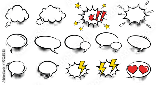 Comprehensive collection of comic book style speech bubbles, thought clouds, and explosive action symbols with halftone textures.