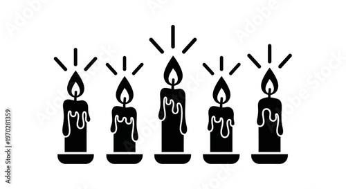 Five burning candles with melting wax, creating a warm and inviting atmosphere.