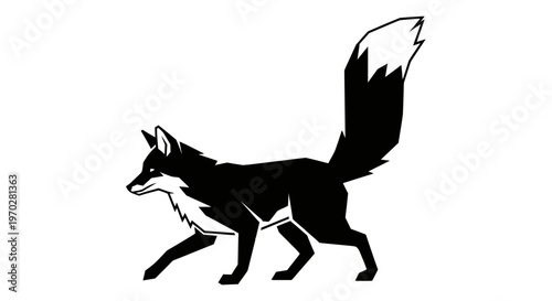 Black and white silhouette of a fox walking.