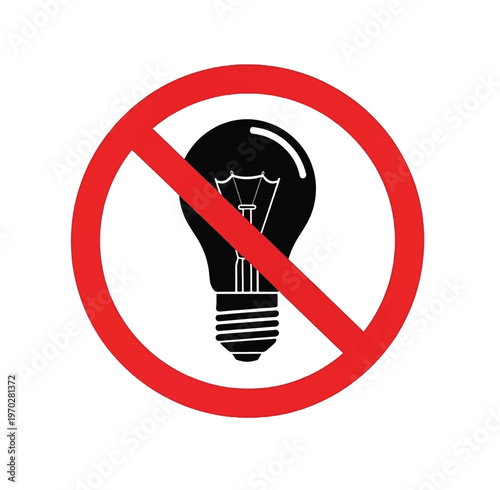 No light sign. Silhouette of an incandescent light bulb inside a red prohibition circle. Concept for dark zones, light pollution prevention, or energy-saving restrictions.
