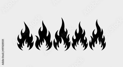 Black fire flames set isolated on a light gray background.