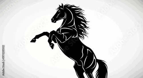 Majestic black horse rearing up on hind legs.