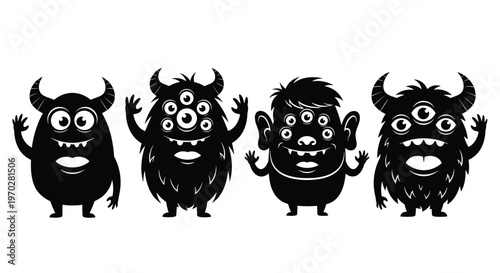 Group of four quirky monster silhouettes with multiple eyes and horns in a playful black and white cartoon style illustration.