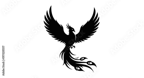 Majestic Black Phoenix Bird Silhouette with Spread Wings.