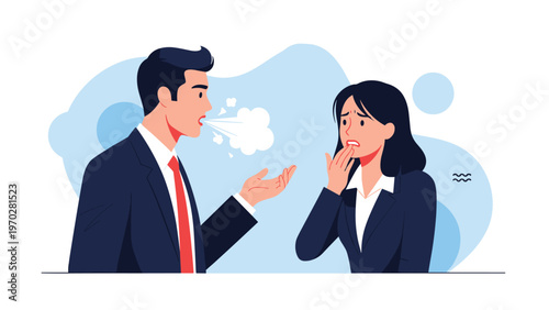 Businessman exhales unpleasant bad breath toward a disgusted female colleague during a professional conversation.