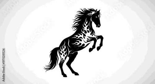 Majestic Black Horse with Fiery Tribal Markings Rearing Up.