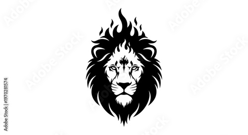 Majestic Lion Head with Fiery Mane Black and White Illustration.