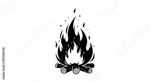 Campfire burning with flames and logs in a minimalist black and white illustration.