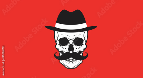 Edgy illustration of a human skull sporting a stylish black mustache and wearing a classic fedora hat on a bright red background.