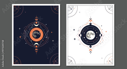 Pair of celestial art posters depicting a realistic moon within geometric frames and stars in dark and light contrasting themes.