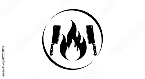 Meat Cleavers and Flame Logo for Barbecue or Butchery.