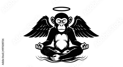 Meditating Monkey with Angel Wings and Halo in Serene Pose.