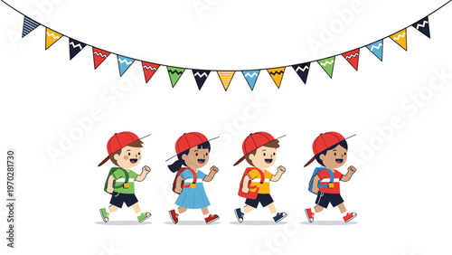 Group of four children with backpacks walk excitedly in a line under a festive garland for a school event.