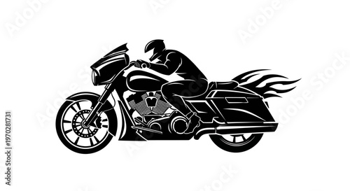 Motorcycle rider in silhouette, with flames on the back, on a white background.