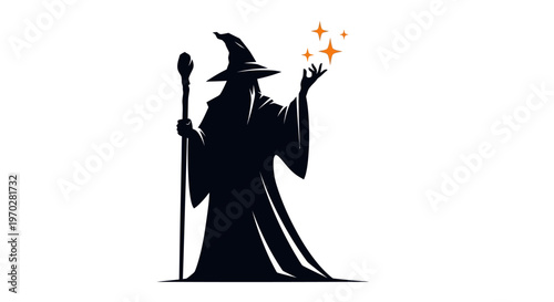 Mysterious wizard silhouette casting magic with glowing stars.