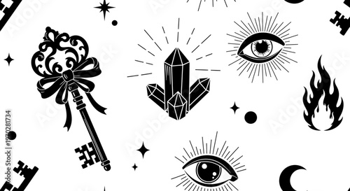 Mystical seamless pattern with occult symbols and magical elements.