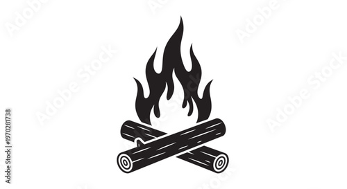 Campfire with burning logs, black and white illustration.