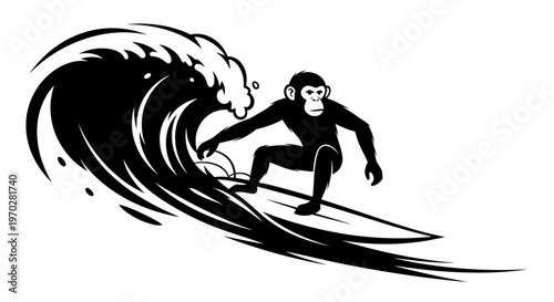 Chimpanzee Surfing on a Large Ocean Wave Vector Illustration.