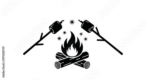 Campfire with marshmallows on sticks, black and white illustration.