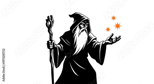 Mystical Wizard Casting Spell with Magic Staff and Glowing Orbs.