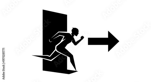 Person running through an exit door with a clear directional arrow.