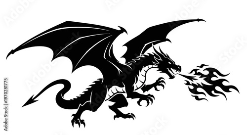 Powerful black dragon breathing fire, mythical creature with large wings and sharp claws, fantasy art illustration.