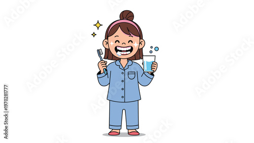 Happy girl in pajamas shows her sparkling clean teeth while holding a toothbrush and a glass of rinsing water.