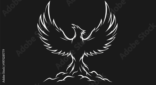 Phoenix bird rising from ashes black and white illustration.