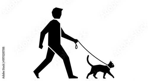 Person walking a cat on a leash simple graphic illustration.