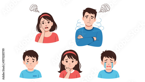 Diverse group of parents and children show expressions of sadness, worry, and grief in a family trouble concept.
