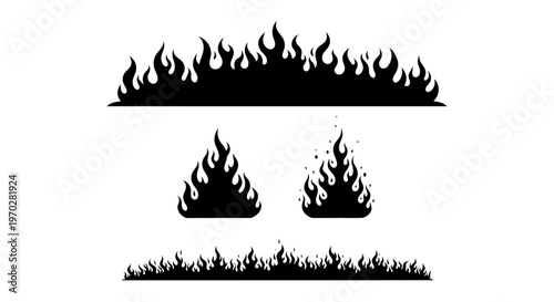 Set of black fire flames and burning elements.