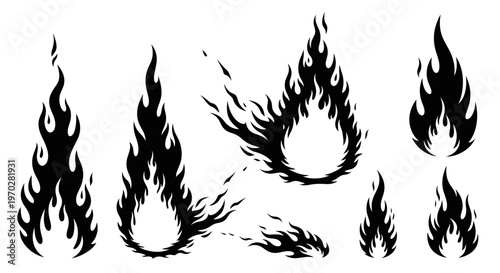 Set of black fire flames and burning elements isolated on white background.