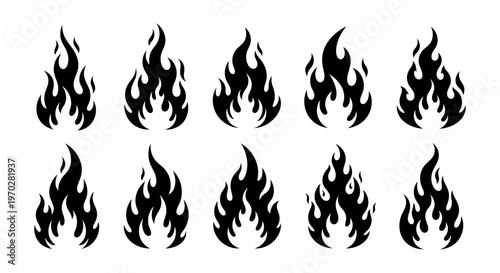Set of black fire flames isolated on a white background.