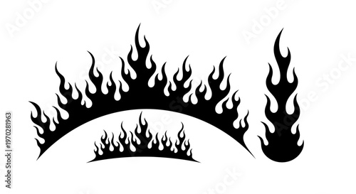 Set of black fire flames isolated on a white background.