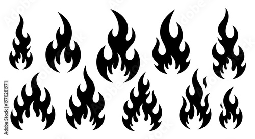 Set of black fire flames isolated on a white background.