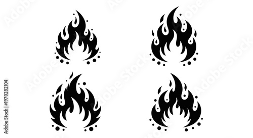 Set of four stylized black fire flame icons with decorative dots on a white background.