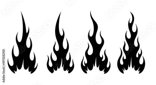 Set of four black fire flames isolated on a white background.