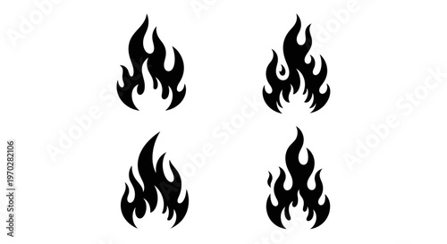 Set of four stylized black flame icons representing fire and heat.