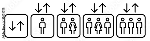 Elevator capacity outline icons with people group symbols. Lift signage for occupancy limit, navigation and interior wayfinding systems. Minimal vector pictograms isolated.