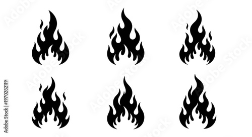 Set of six black fire flame icons isolated on white background, representing heat, danger, and energy.