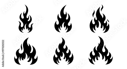 Set of six black fire flame icons on white background.